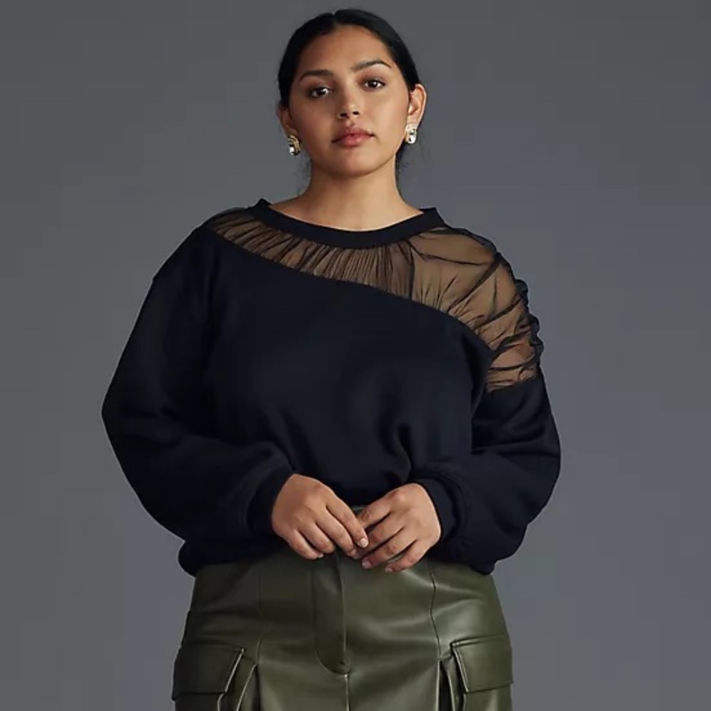NWT Anthropologie Maeve Sheer-Shoulder Sweatshirt Asymmetrical Top Black Size SP